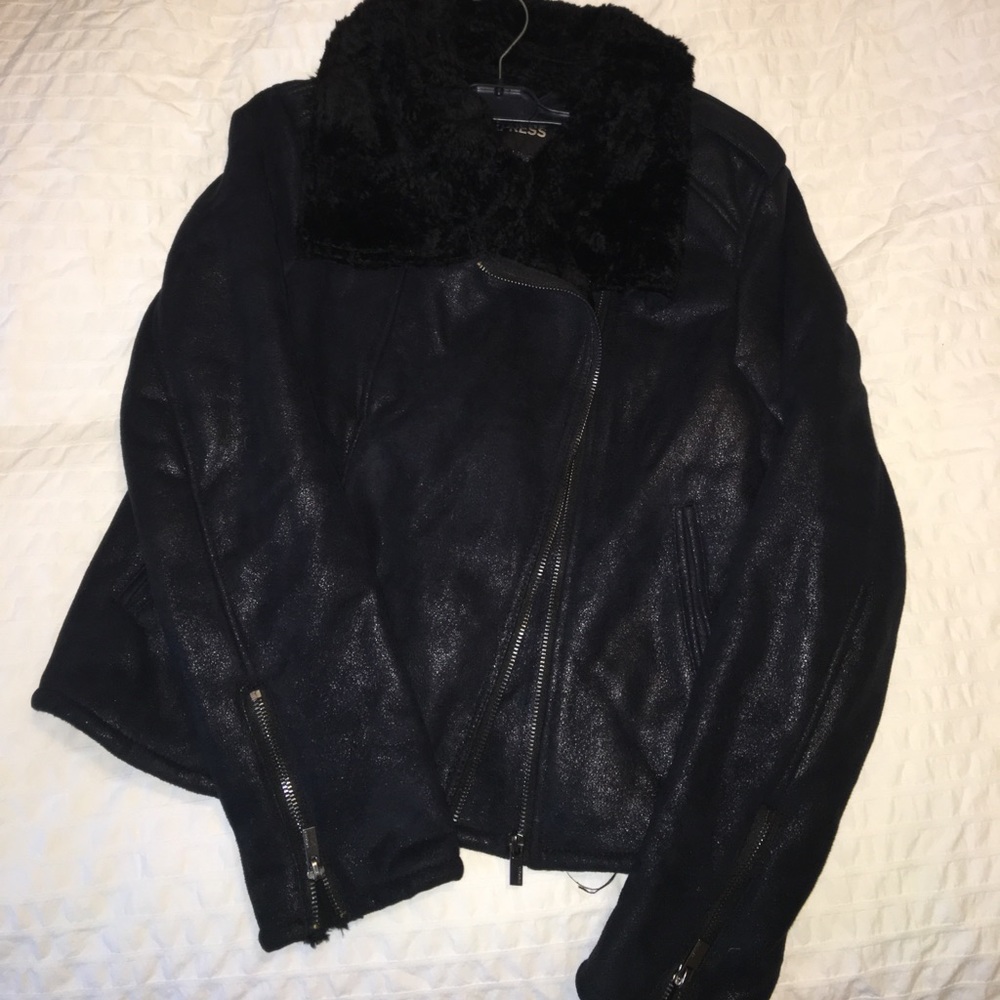 Warm stylish Leather faux fur coat
