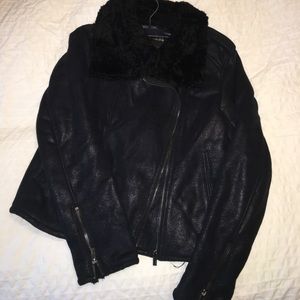 Warm stylish Leather faux fur coat