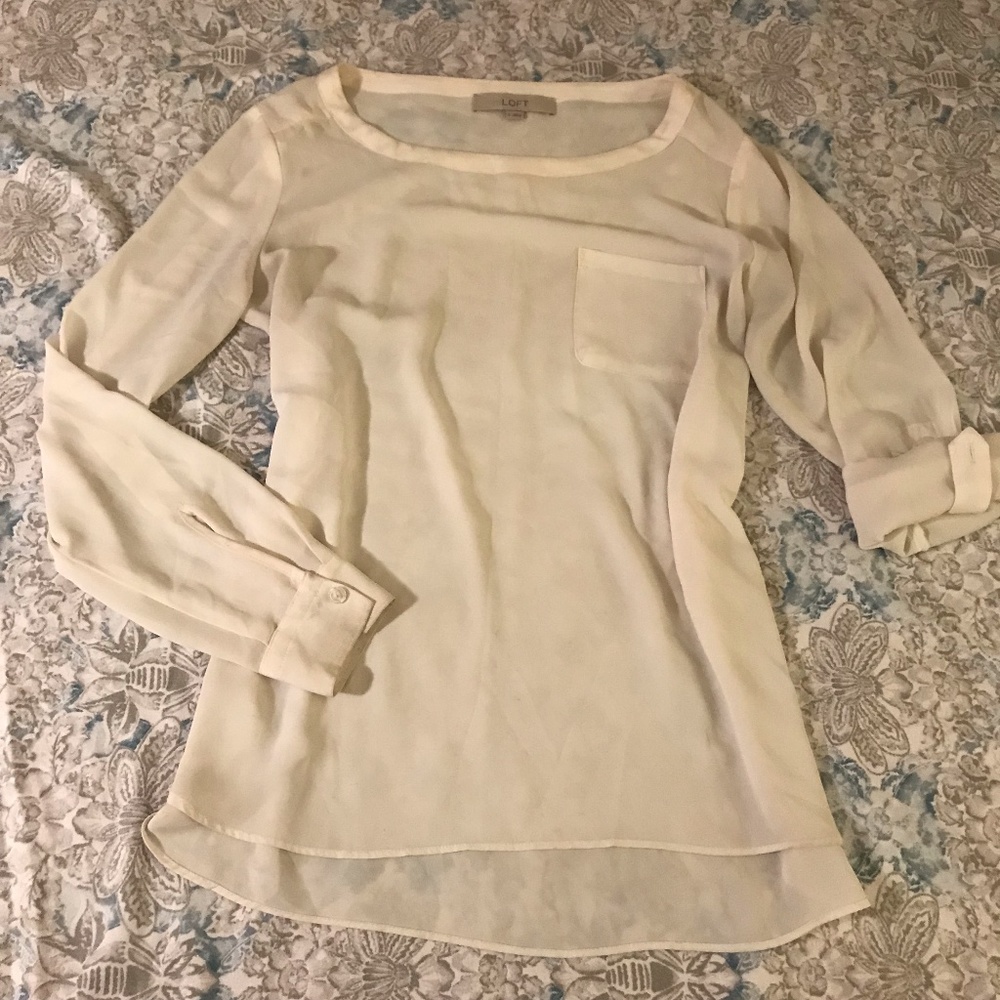 Loft Sheer Cream White Roll Up Sleeve Blouse