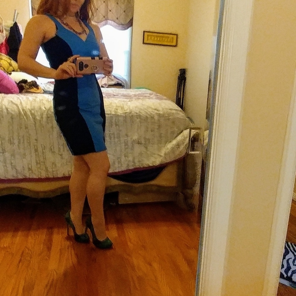 Chia Brand blue leather and spandex mini dress