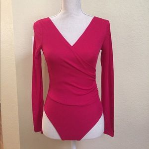 TOPSHOP Wrap Ribbed Bodysuit, Magenta Size 4 NWT