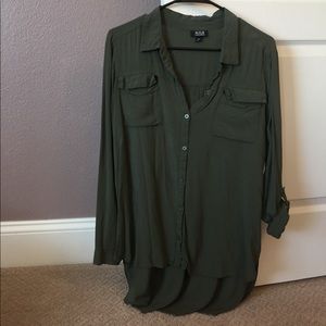 Olive Green Button Up High Low Blouse