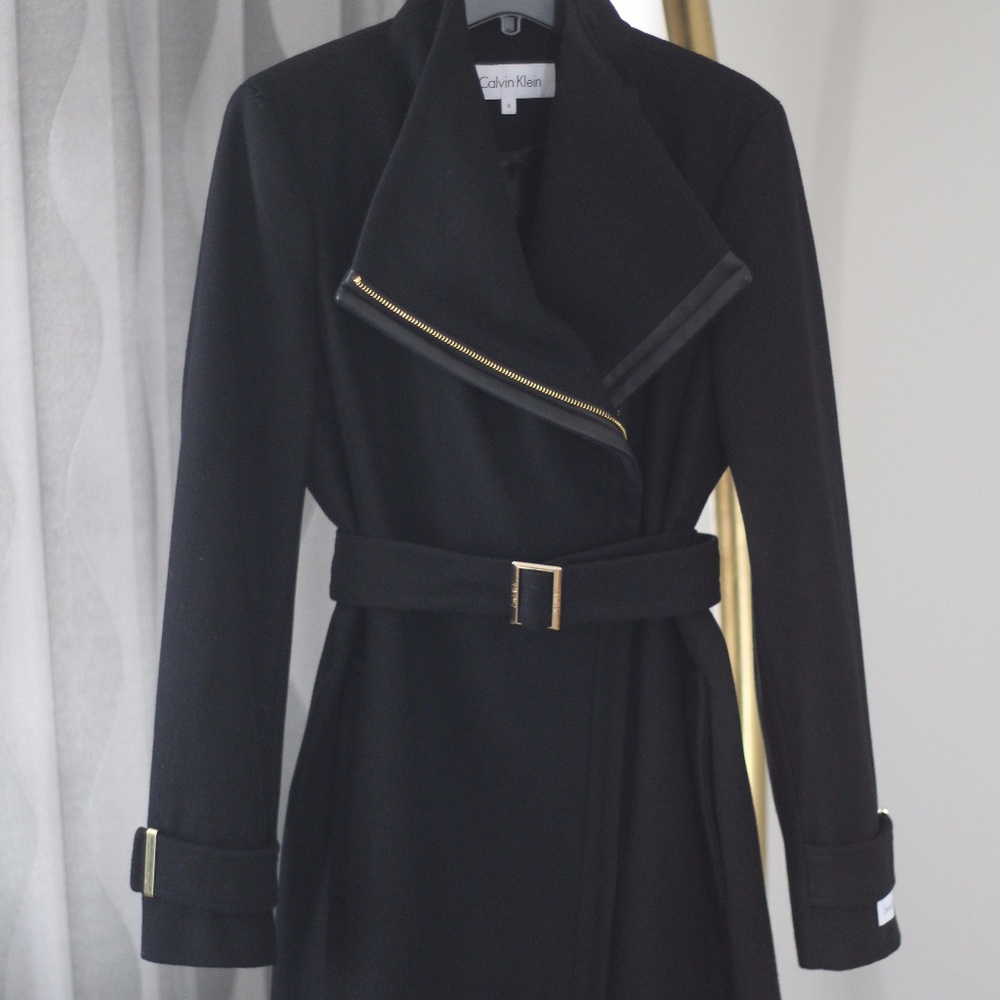 Calvin Klein Faux Leather Trim belted Coat