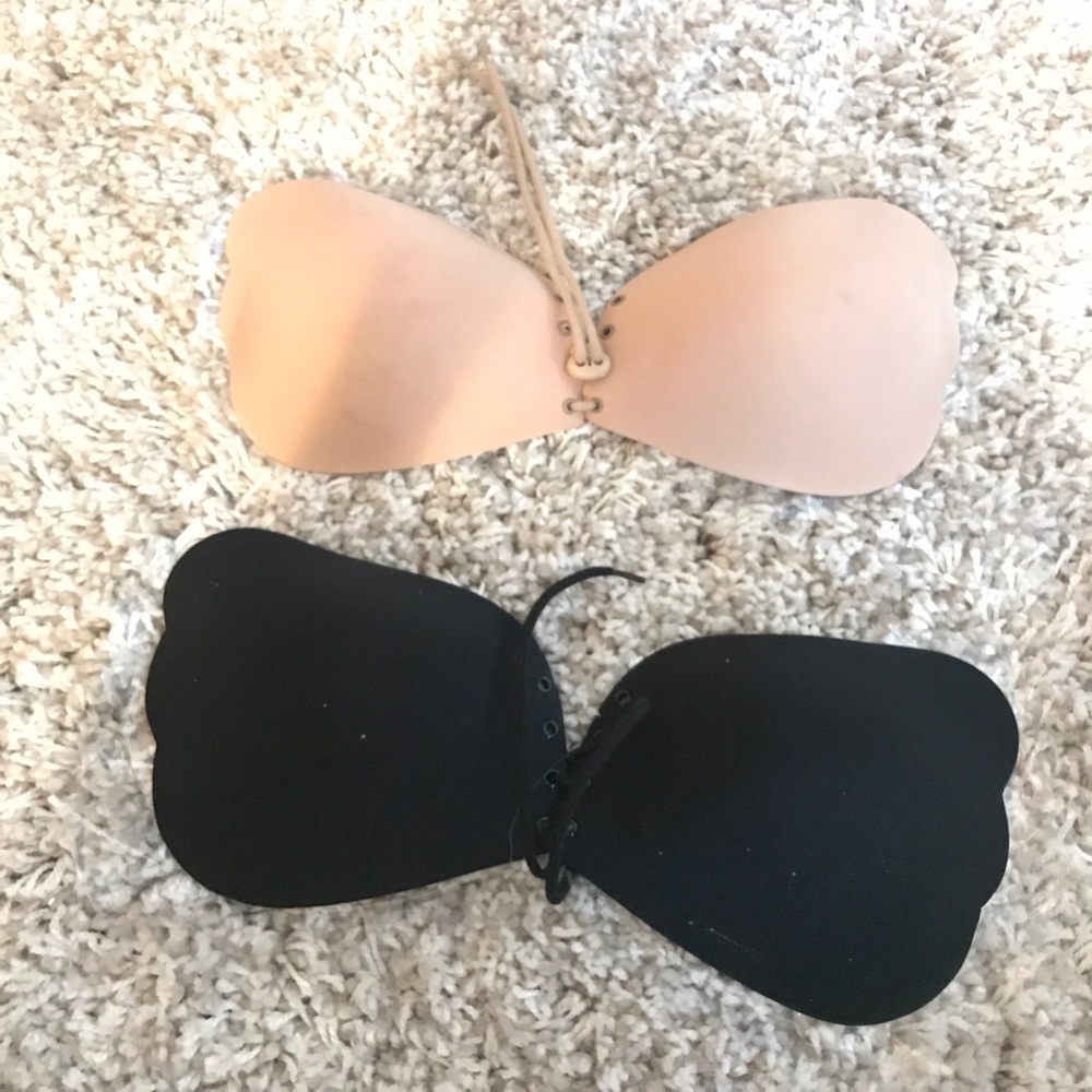 SOLD Lace up sticky bras in nude and black