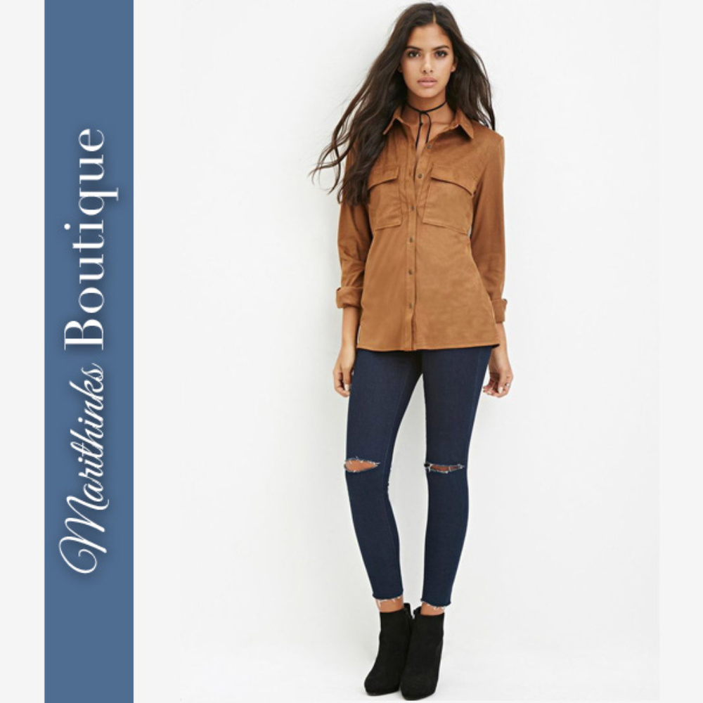 NEW - Natural Faux Suede Button Blouse