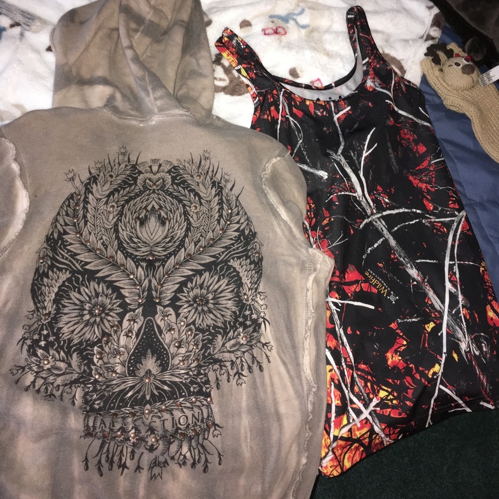 Affliction hoodie and moonshine camo tank