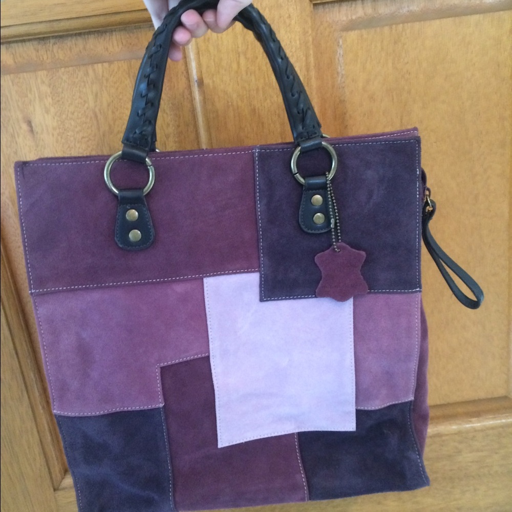 Purple suede leather tote bag
