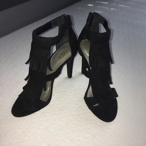 Black Fringe Heels with zipper on back