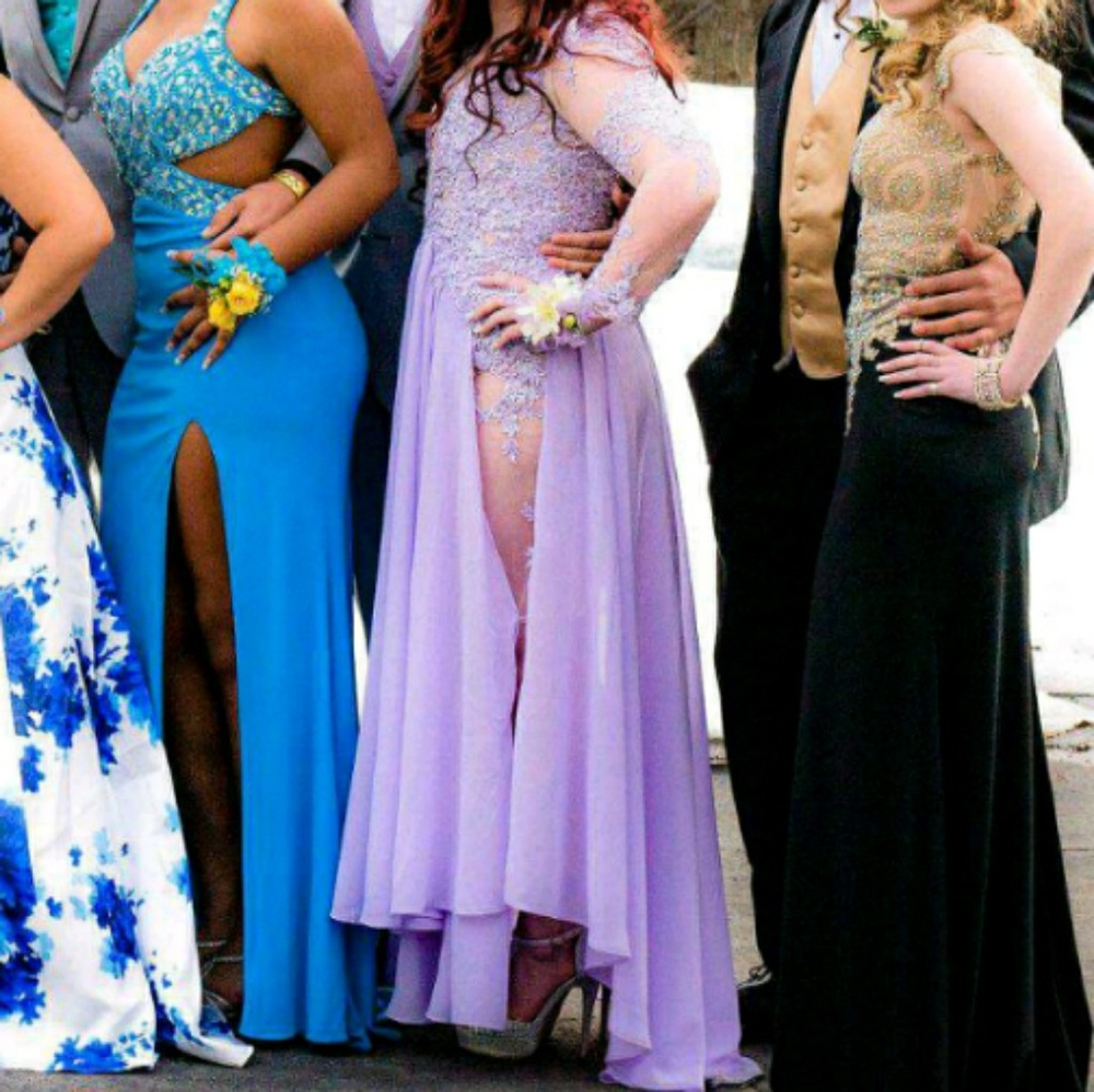 Lavender mesh rhinestoned prom dress