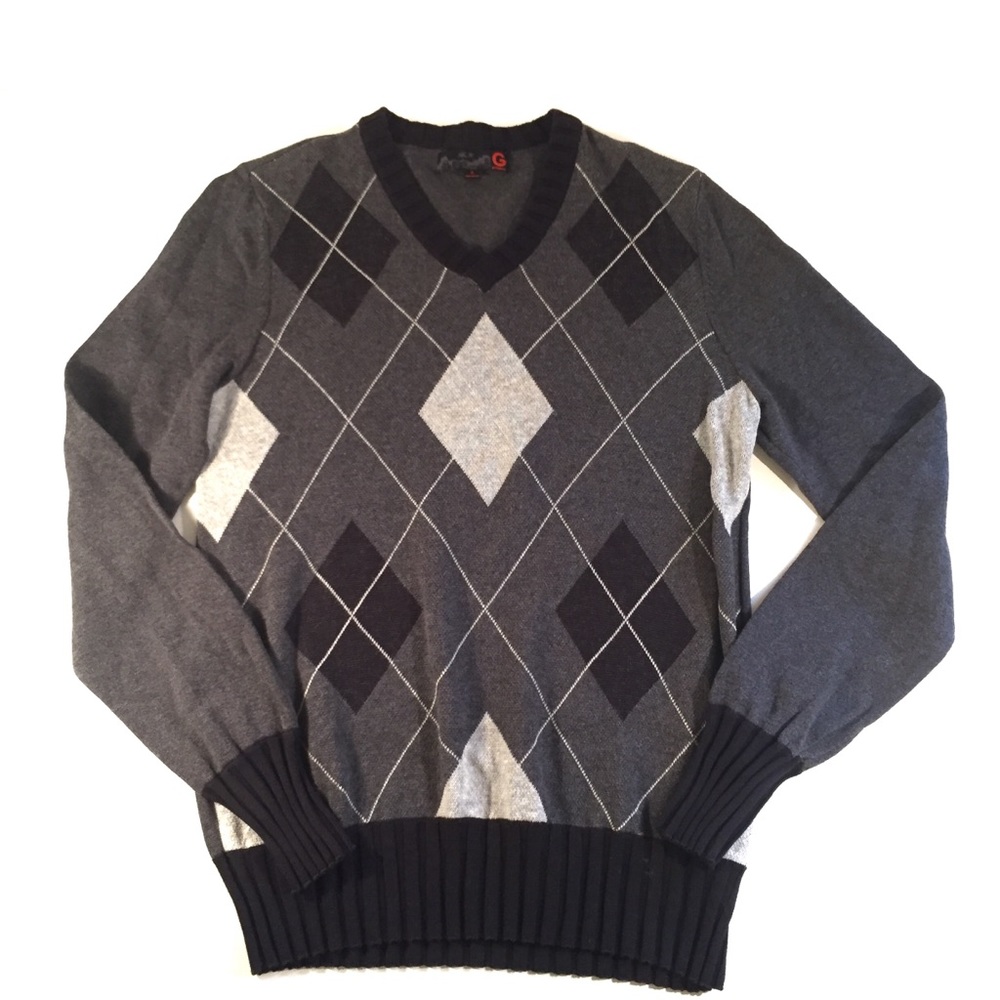 G by Guess Argyle V-Neck Sweater Gray and Black