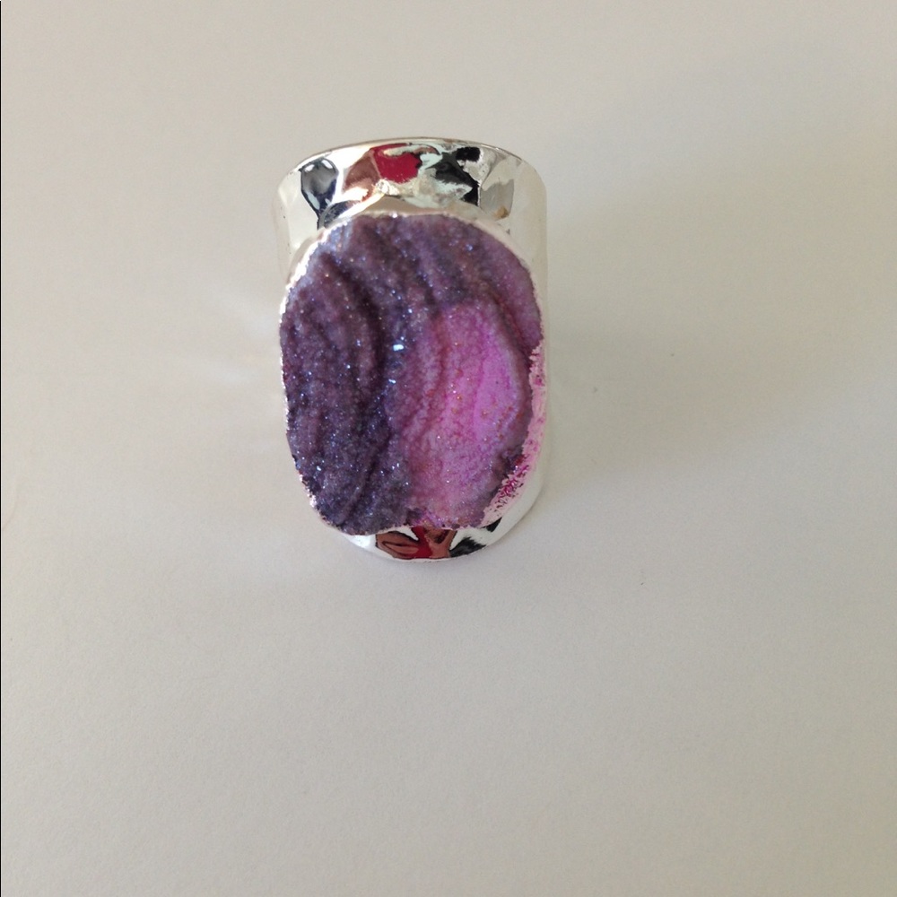 Pink Druzy Ring Silver Adjustable Band