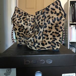 Bebe Charlotte leopard pixie furr wedges