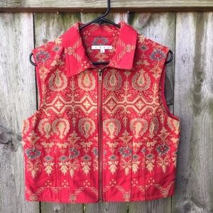 CAbi Zip-Front Vest Red Tapestry Embroidered Sz L