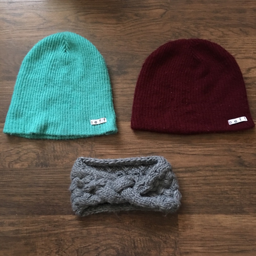 Two neff beanies and an ear warmer