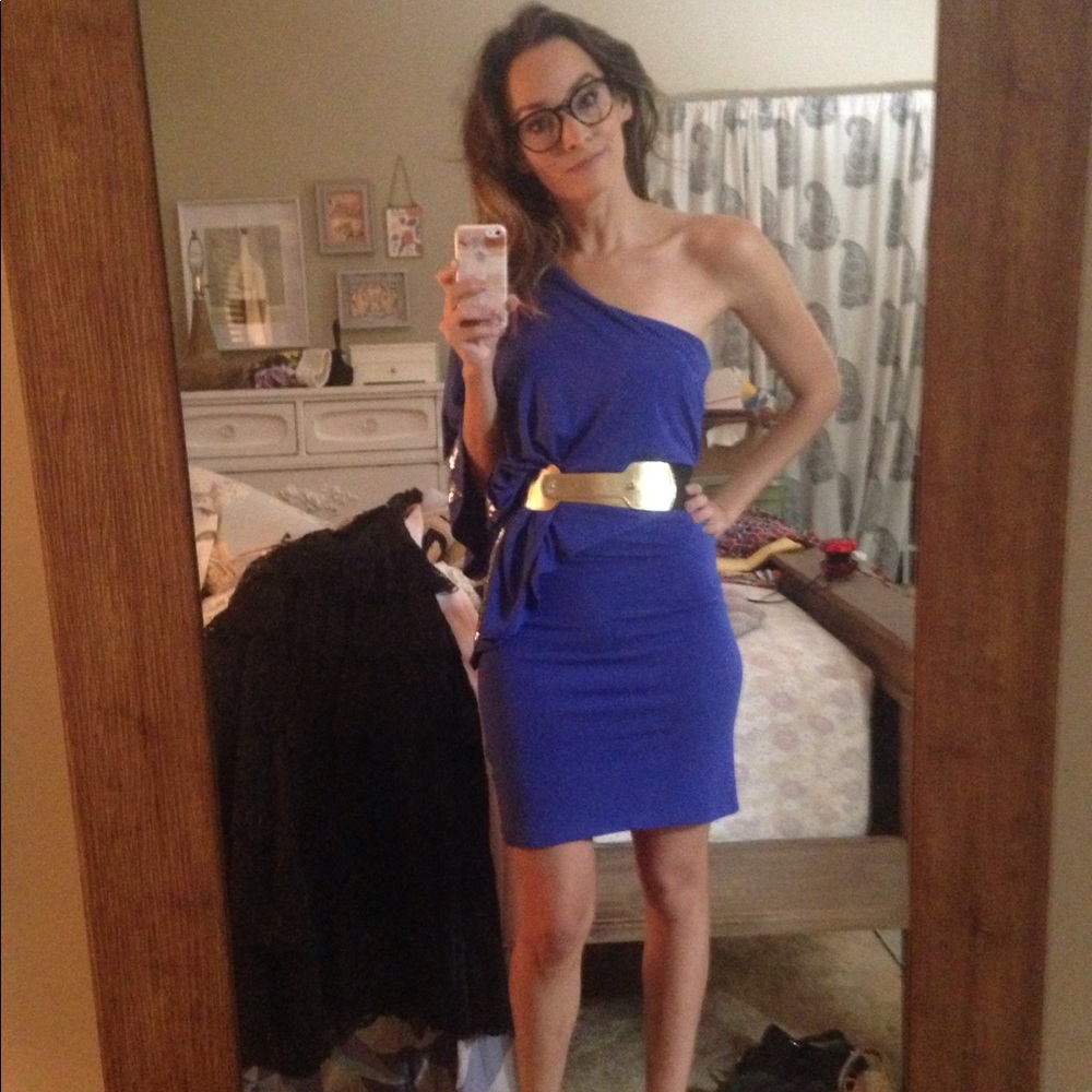 NwT blue sequin one shoulder cape formal dress XS