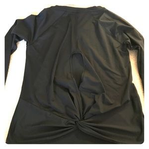 Black long sleeve workout tee with cutout in back