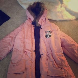 Pink faux fur hooded winter coat