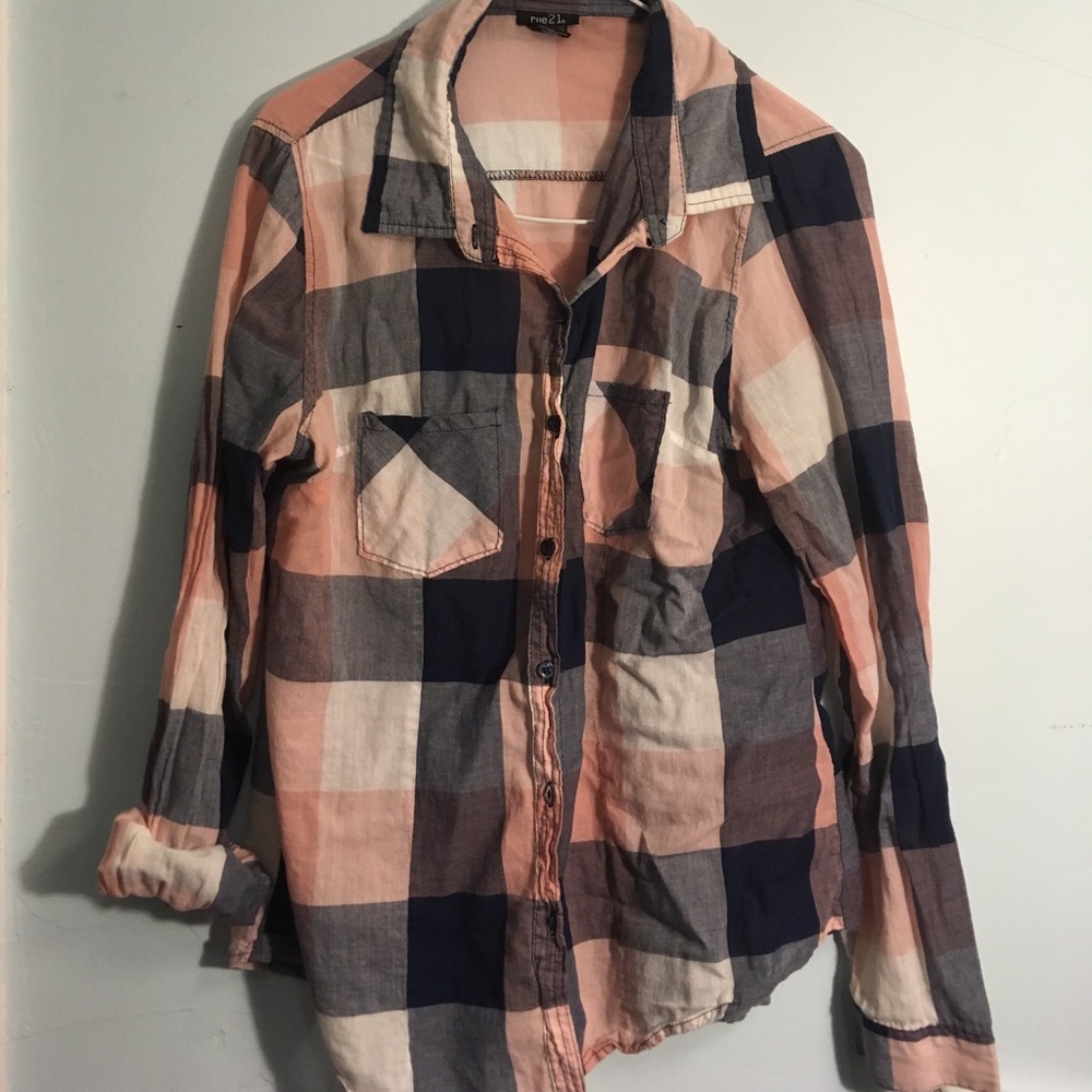 Rue 21 pink and blue plaid shirt