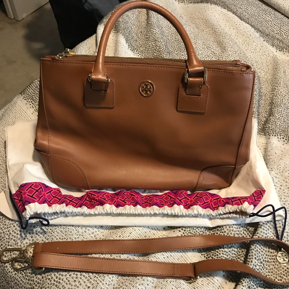 Tory Burch Double Zip Robinson Brown Leather Tote