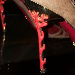 Brown suede, gold and coral reef heels