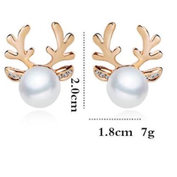 Reindeer Imitation Pearl Stud Earrings Gold Color - Picture 2 of 5