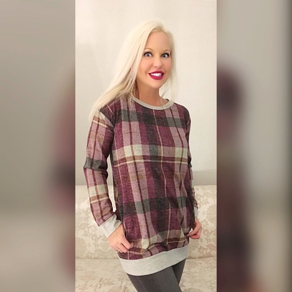 LAST 1! 💕Wine Tartan Soft Sweater - Picture 3 of 5