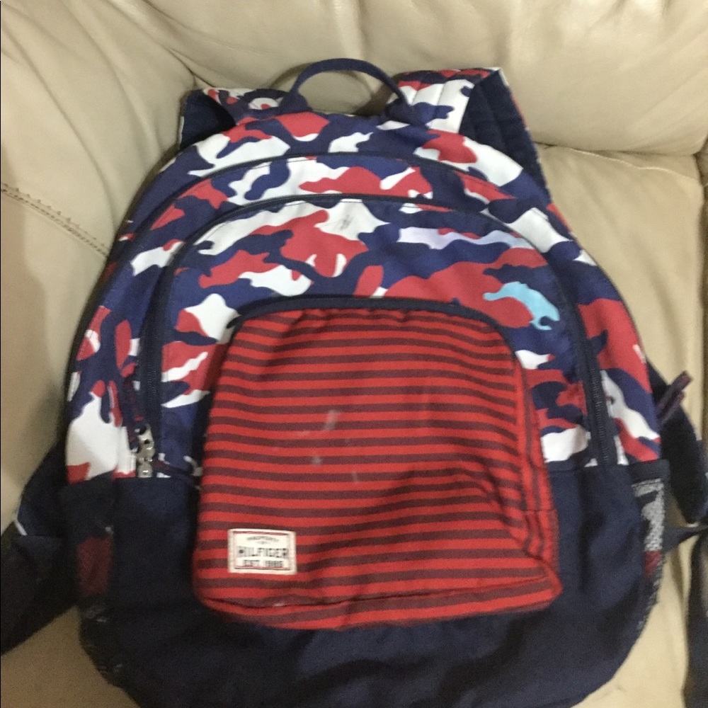 Black and white and red backpack