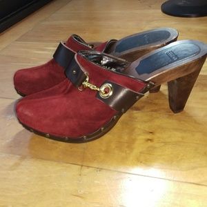 Dark red suede Coach clogs