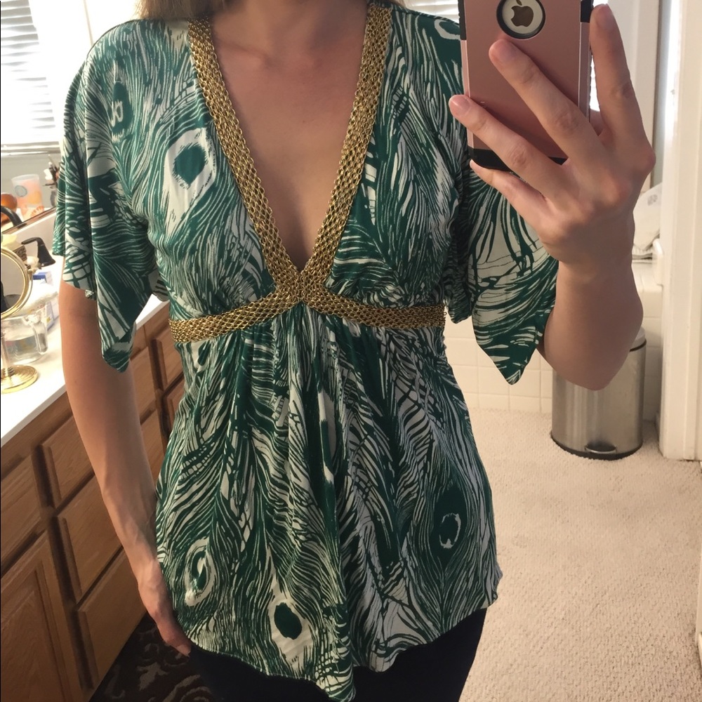 Peacock green sky vcut blouse with gold detail