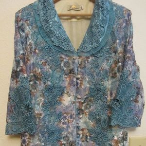 Beaded Lacy Aqua Jacket Rhinestone buttons Sz 40
