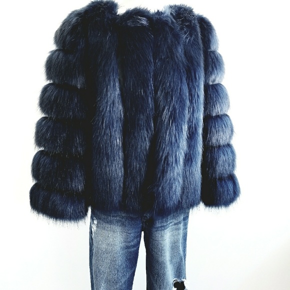 best custume Jackets & Blazers - Winter Luxury Faux Fur Navy Blue Jacket