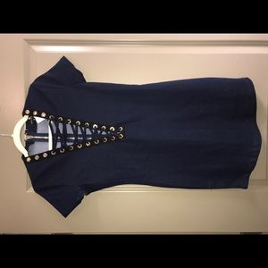 Denim body con deep v neck lace up dress