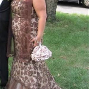 Mon Cheri montage champagne/brown beaded gown