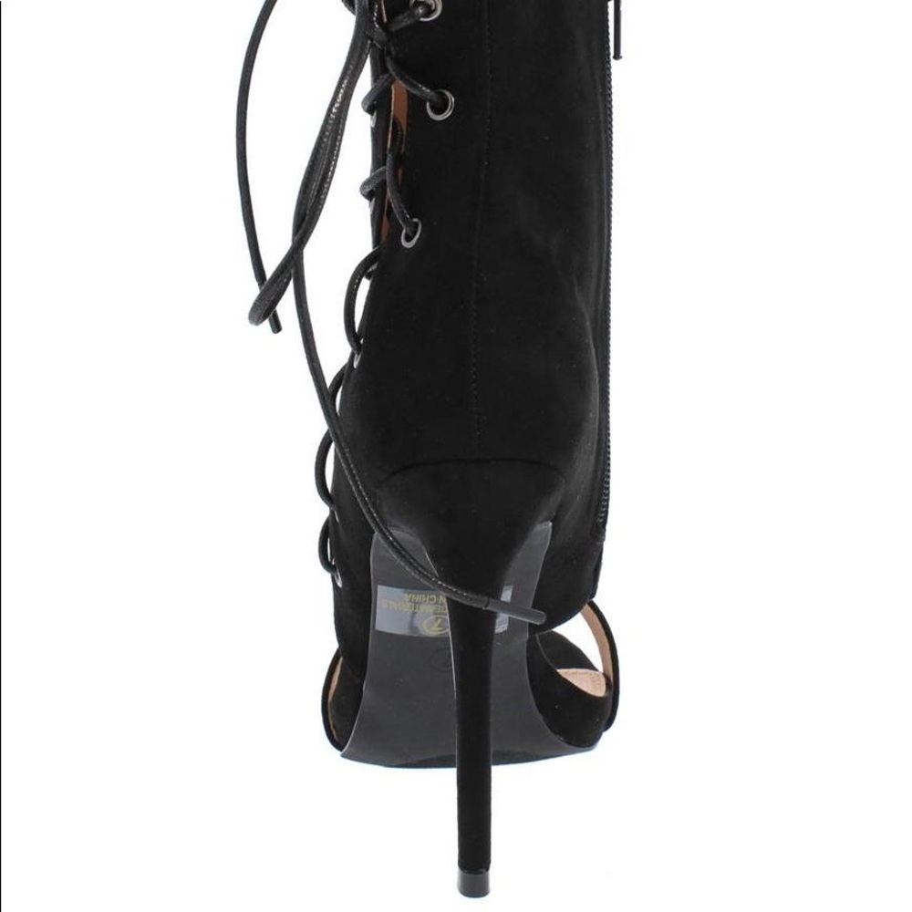 Sassy Black Suede Side Lace Up Heels - Picture 4 of 5