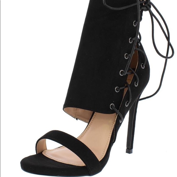 Sassy Black Suede Side Lace Up Heels - Picture 3 of 5