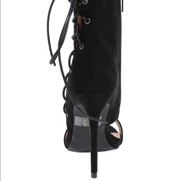 Sassy Black Suede Side Lace Up Heels - Picture 4 of 5