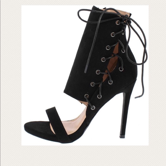 Sassy Black Suede Side Lace Up Heels - Picture 5 of 5