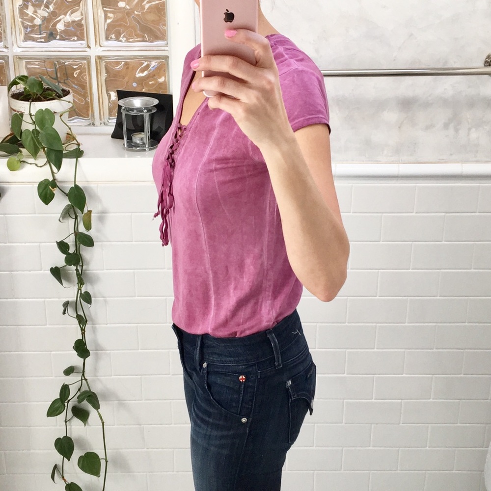 Lilka Pink Rayon Lace Up Casual Top - Picture 6 of 8