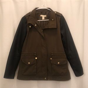 H&M Army Combat Coat Olive Green Leather Sleeves