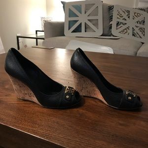 Tory Burch black leather peep toe wedges