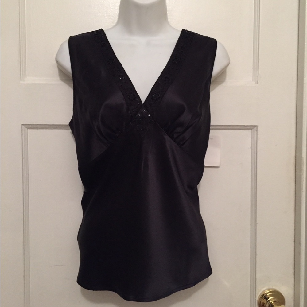 Black silk top, beading, size large