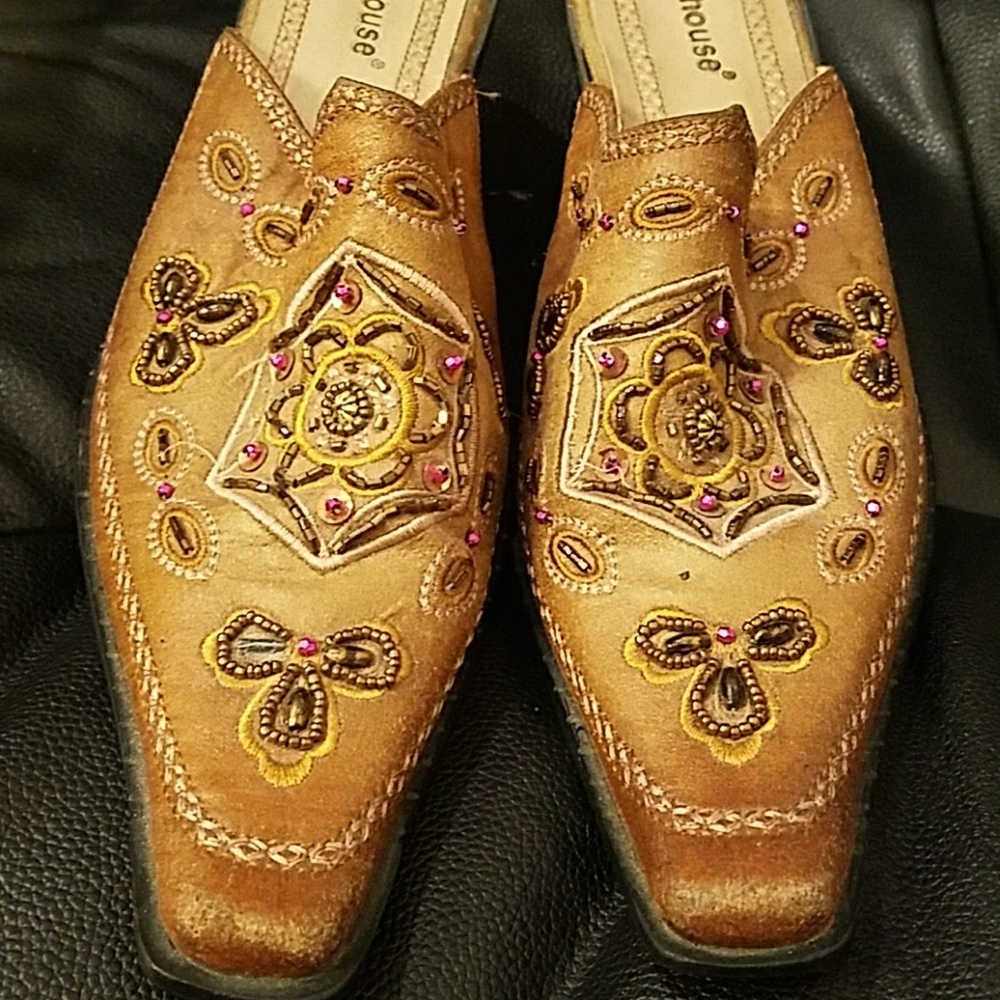 Women's beaded, brown, leather heels