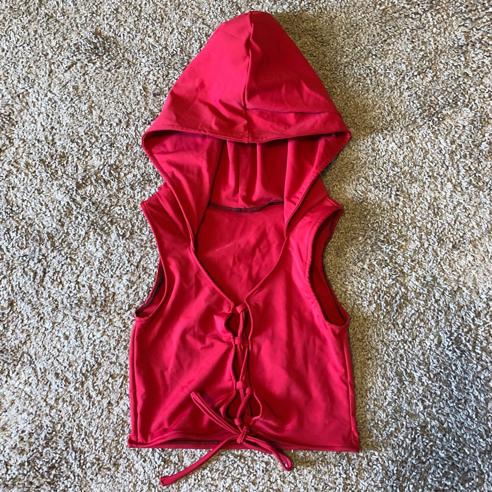 Red hooded crop top lace up rave Melisandre hood - Picture 3 of 8