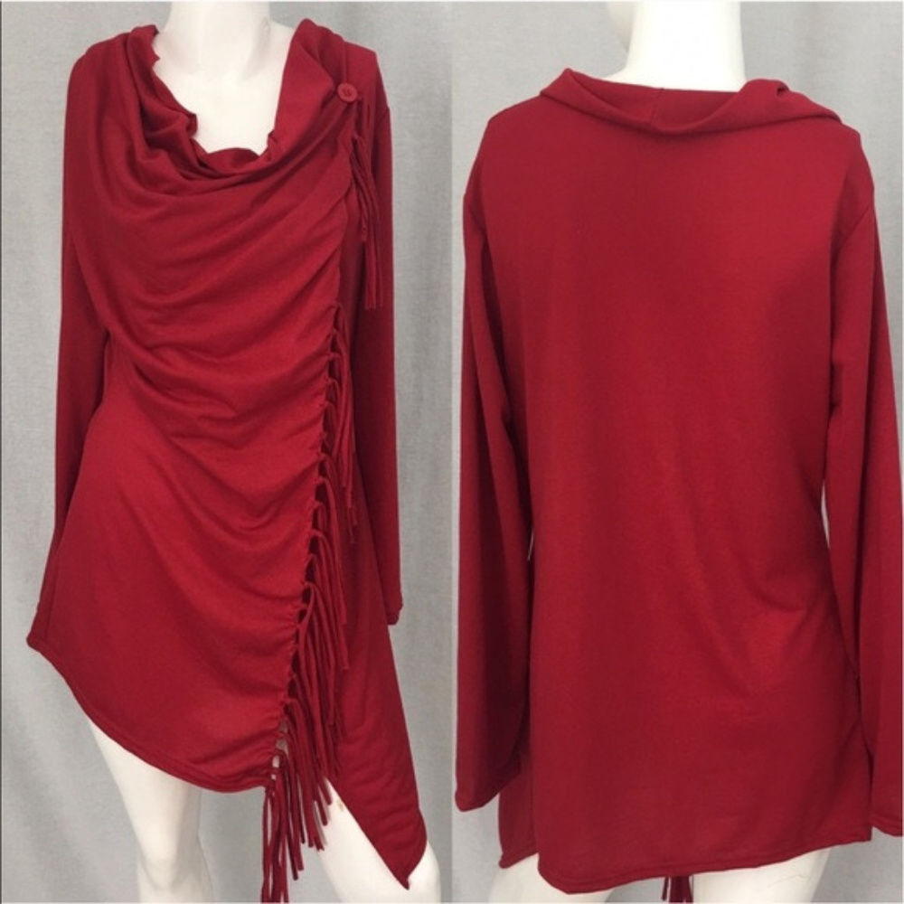 Red One Button Wrap Sweater w/ Fringe