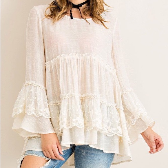 Women/'s Plus Size Ivory Boho Inspired Long Sleeve Top with Lace Accents 1XL NWT
