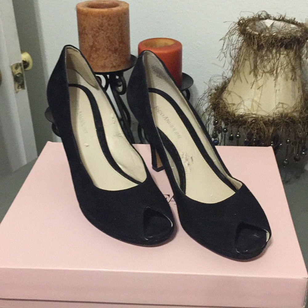 Enzo Angiolini Sz 8-1/2 Black Suede Peep Toe Pumps