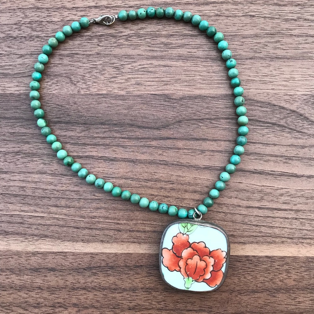 Hand-Painted Rose Pendant Necklace