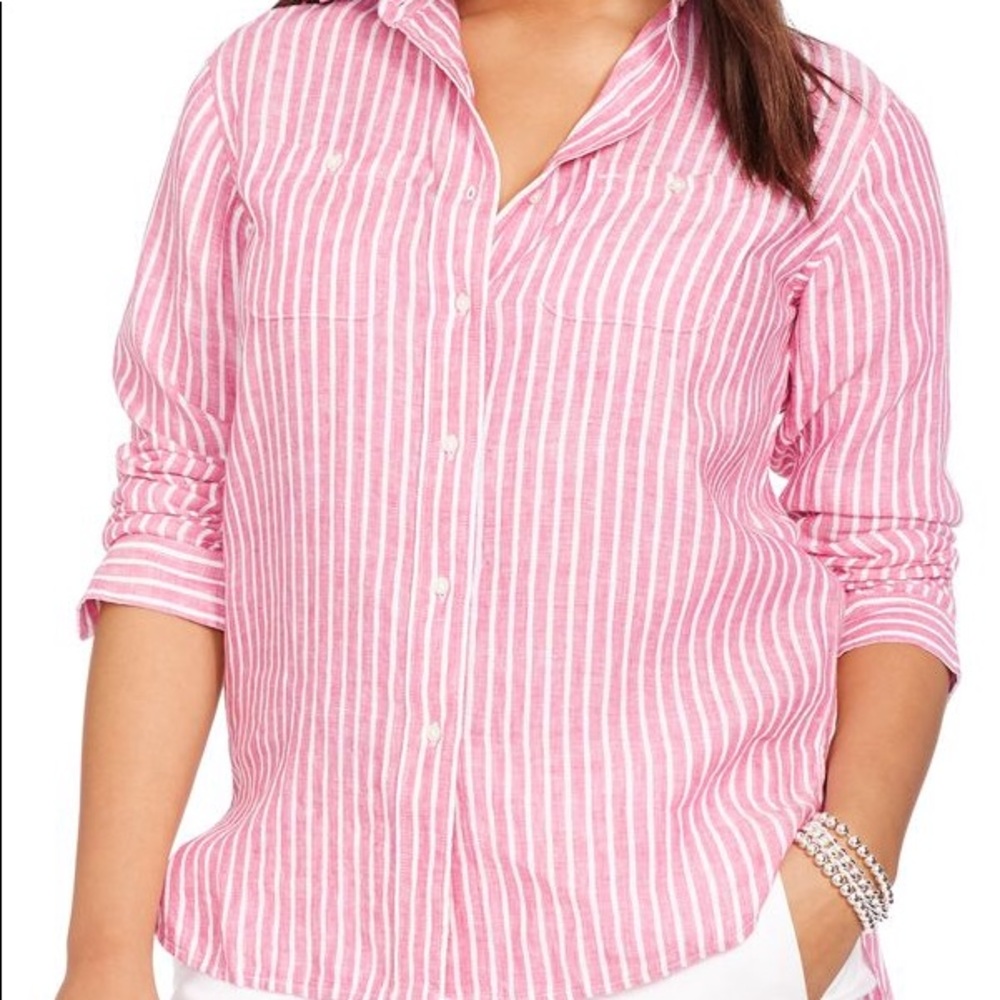 RALPH LAUREN 100% linen pink white button down XL