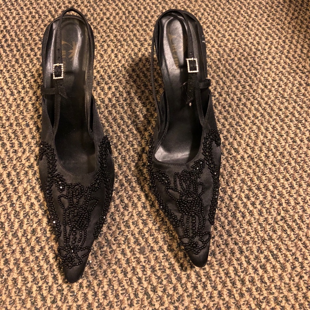 Size 9 black sandal heels with bead embroidery