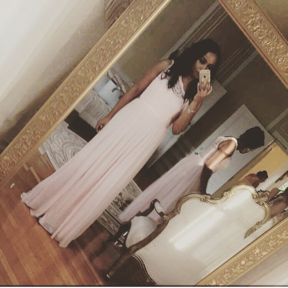 David’s Bridal Long 1 Shoulder Dress in Petal Pink